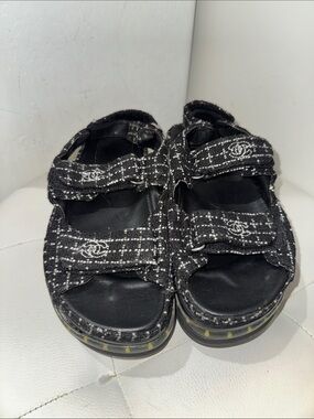 CHANEL Black Tweed women Velcro Sandals with Logo